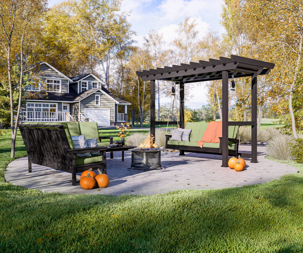 Poly Outdoor Furniture in Boise patio set with pergola, fire pit, and pumpkins.