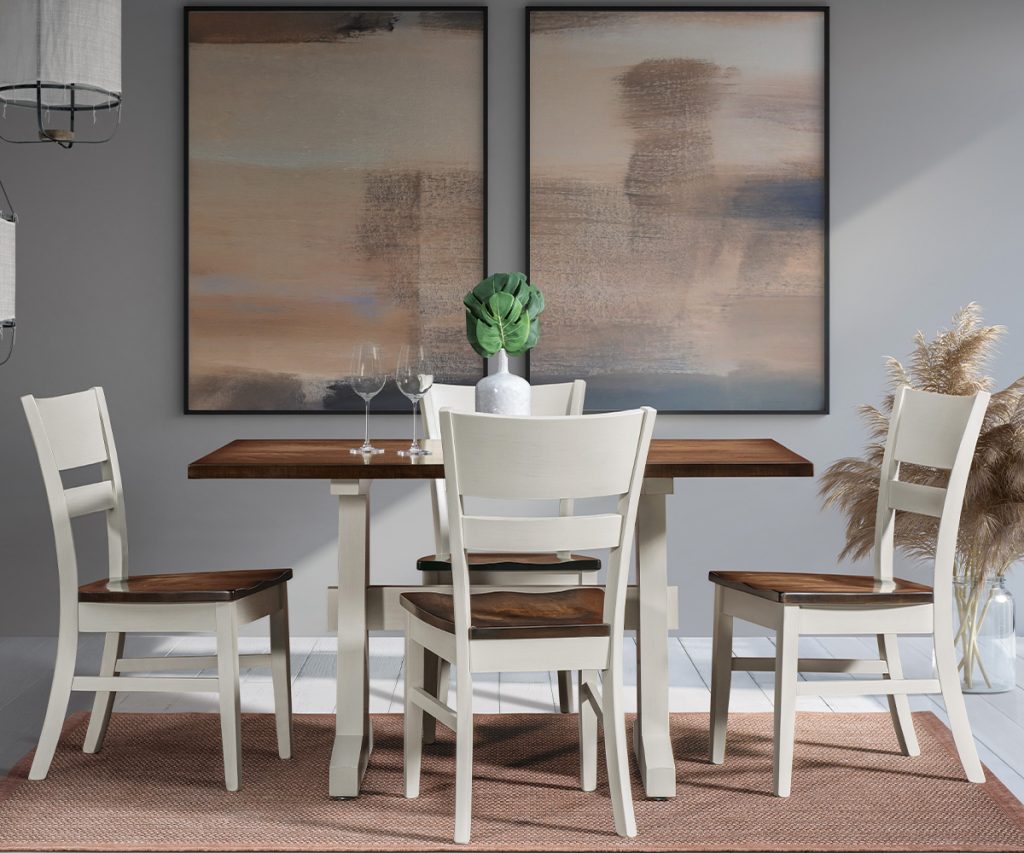 Dining room furniture set with white chairs and wood table